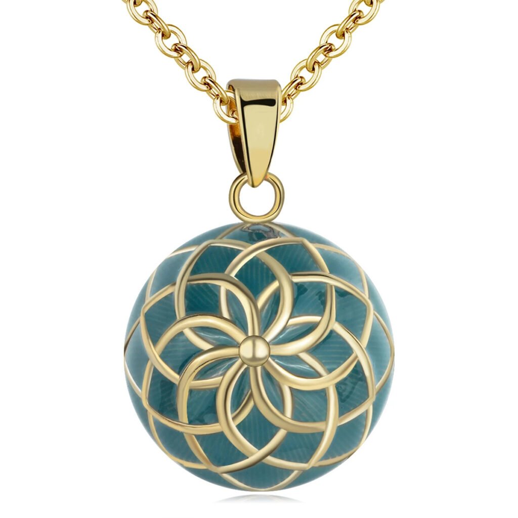 Gold-plated chime pendant or bola with turquoise enamel